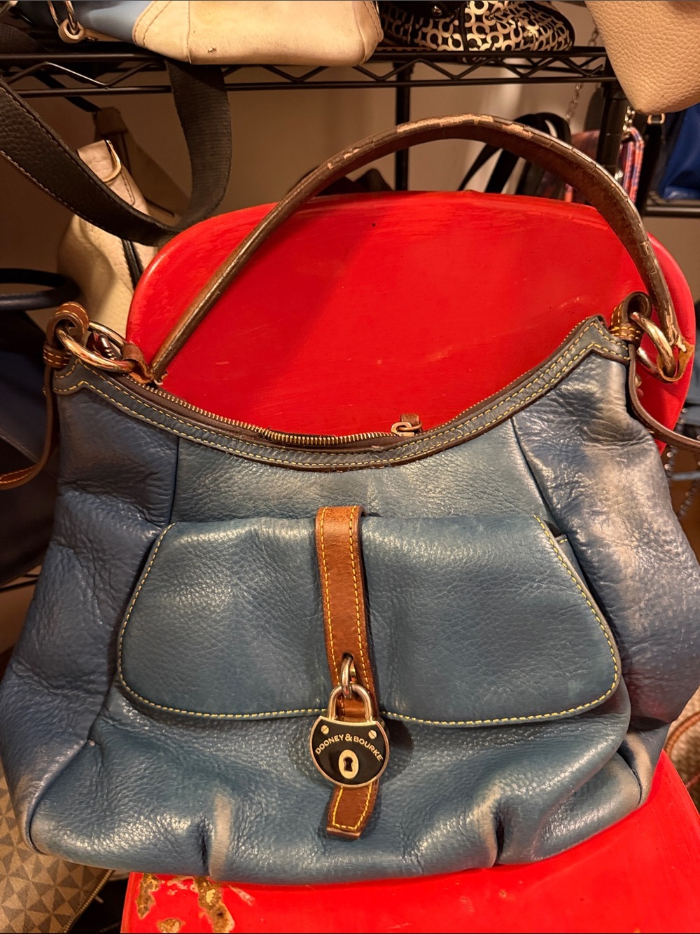 PROJECT- Dooney & Bourke Blue Leather Hobo with Brown Trim and Gold Hardware